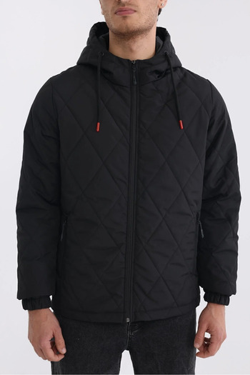 D1fference Men's Black College Collar Windproof Quilted Pattern Fiber Padded Coat