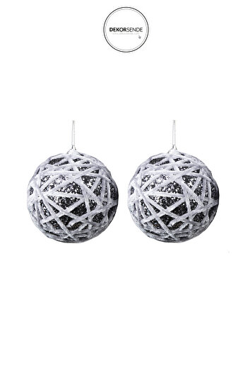 Dekorsende New Year's Ornament Glittery White Stripe 2-Piece Ball Gray 10 cm