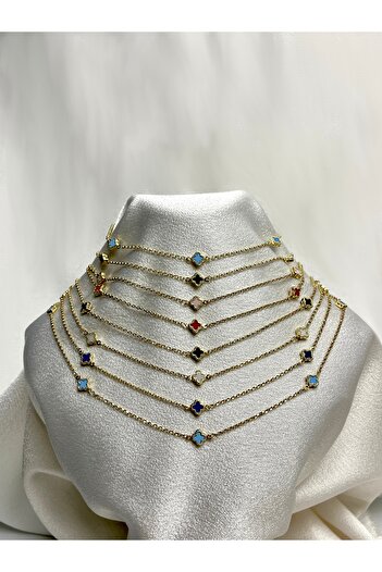 Side Gold Kuyumculuk 14 Ayar Sarı Altın 7 Yoncalı Kolye (Siyah, Beyaz, Yeşil, Pembe, Kırmızı, Lacivert, Turkuaz)