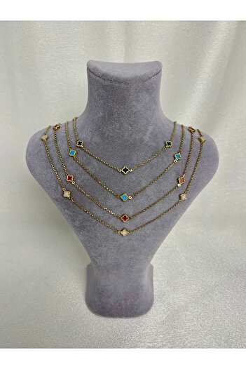 Side Gold Kuyumculuk 14 Ayar Sarı Altın 7 Yoncalı Kolye (Siyah, Beyaz, Yeşil, Pembe, Kırmızı, Lacivert, Turkuaz)