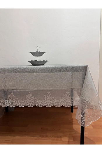 Çt Çeyizci Tekstil Tile Patterned Carefree Stain Resistant Lace Tablecloth Gray 160X220 cm
