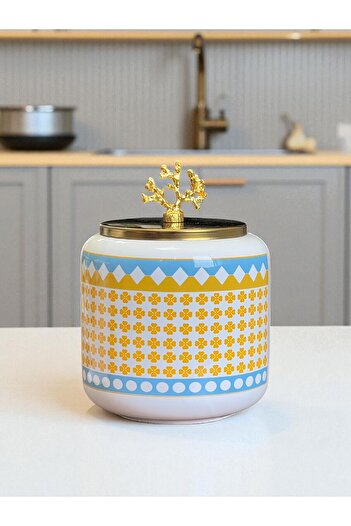 ferayhome Spice Jar Set of 3 Oval Large Size Coffee Corner Set 1400 ml (Tea, Coffee, Sugar) Geometric Clover Gold