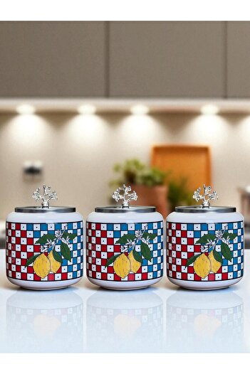 ferayhome Spice Bowl Set of 3 Oval Large Size Coffee Corner Set 1400 ml (Tea, Coffee, Sugar) Checkered Lemon Silver