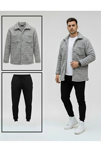 Fifty Color Unisex βελούδινο γκρι μπουφάν και μαύρη φούτερ σε συνδυασμό κάτω επάνω
