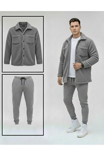 Fifty Color Unisex βελούδινο γκρι μπουφάν και γκρι αθλητική φόρμα συνδυασμένη στο κάτω μέρος