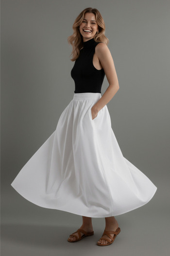Thestiluxe Cotton Soft Textured Fileto Pocket Poplin Fabric Long Skirt 90cm