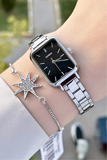 Casio Rectangular Grey Case Black Dial Women Wristwatch