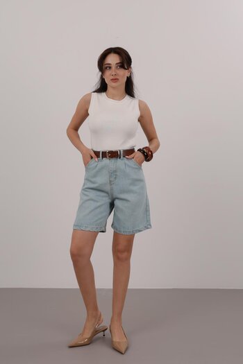 FACETTE Woman 12020218214   Pleated Denim Shorts