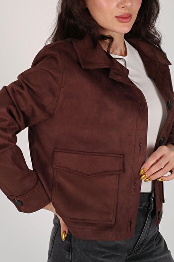 FACETTE Women's Brown Buttoned Short Nubuck Jacket