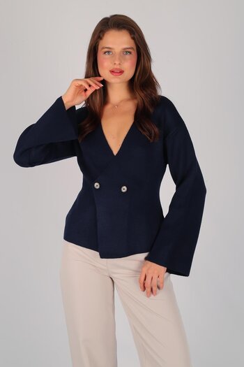 FACETTE Women's Navy Blue Double Breasted Collar Buttoned Sweater