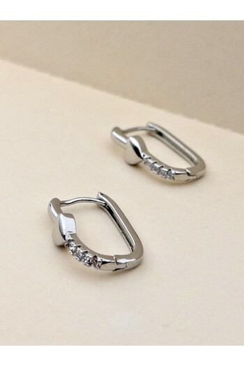 Siya Silver Zircon Stone Heart Detailed Rectangular Steel Earrings