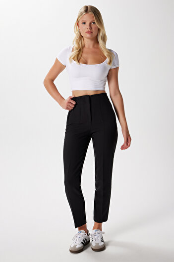 Ritnice Women's Jeremy Tok Textured Ribbed Black Carrot Pants 5113