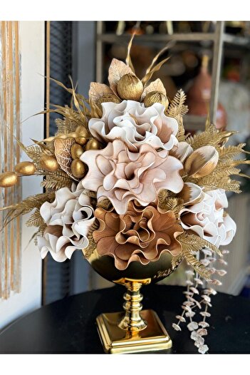 TASARIMHMODA Yapay Çiçekli Gold Kare Ayaklı Vazo