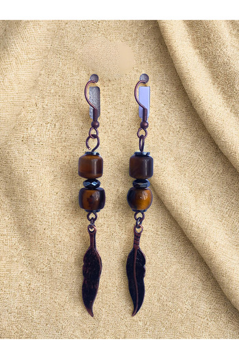 ayrestyle Tiger Eye and Hematite Stone Eagle Feather Detailed Copper Color Dangle Women's Earrings