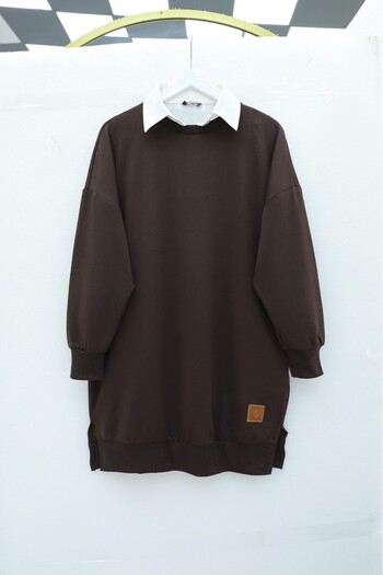 Modamorfo Crew Neck Slit Embroidered Sweatshirt - Brown