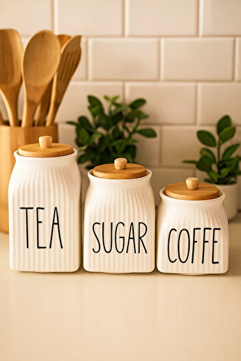 Woodcept Set of 3 Porcelain Sugar Tea Coffee Jars with Writing, Porcelain Jar Set with Wooden Lids