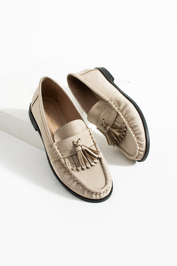 diclepolat Women's Suede Loafer Tasseled Casual Shoes Belza Beige