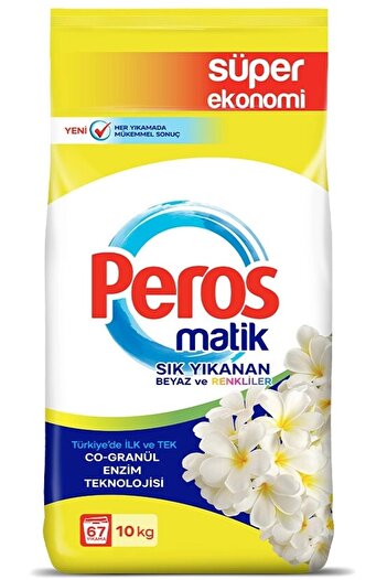 Peros Matik Toz Çamaşır Deterjanı 10KG Yasemin Çiçeği (Sık Yıkananlar Beyaz ve Renkliler) 67 Yıkama