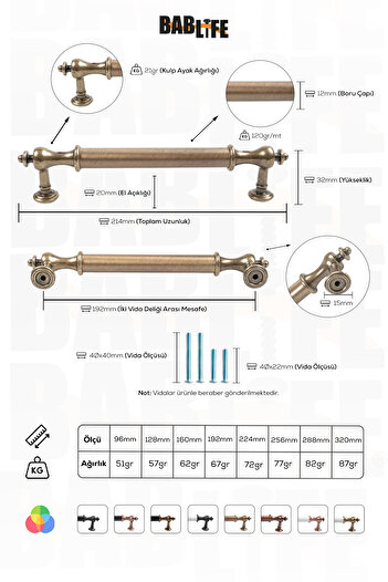 bablife Roma 192mm Antik Sarı Lüks Modern Çekmece Dolap Vestiyer Mobilya Kulpları