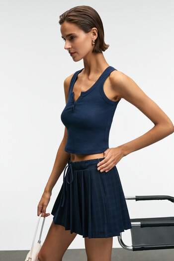 GRIMELANGE Mavsera Women's Thick Strap U Neck Button Crop Slim Navy Blue Tank Top