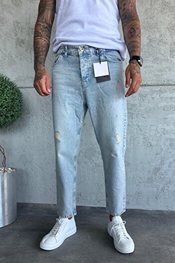 MADZEYMODA Denim Kumaş Kar Yıkama Boyfriend Kalıp Yırtık Detaylı Erkek Jean Kot Pantolon KE-373