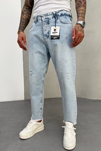 MADZEYMODA Pantaloni albaștri din Jean - țesătură denim spălat, estetică Boyfriend ȘI detalii rupte KE-400