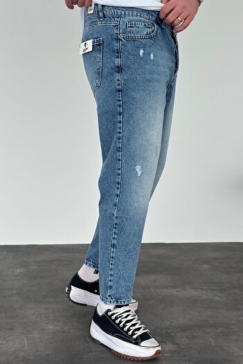 MADZEYMODA Erkek Boyfriend Kalıp Mavi Yırtık Detaylı Jean Kot Pantolon KE-277