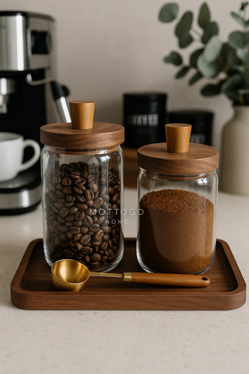 Mottogo Set of 2 Acacia Vacuum Lid Glass Jars with Measuring Spoons 700ml - 950ml