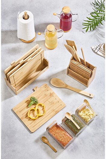 Lora Bianca 20 Pieces Countertop Bamboo Set - Cutting Board, Oil Pot, Jar, Towel Holder, Spoon Holder, Trivets Set