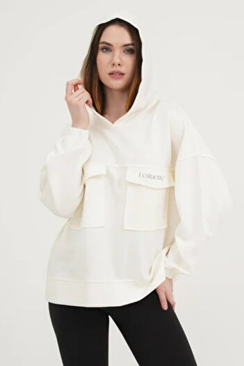 Le'sluette shadow of style Women's Pocket Detailed Modal Hoodie Ecru