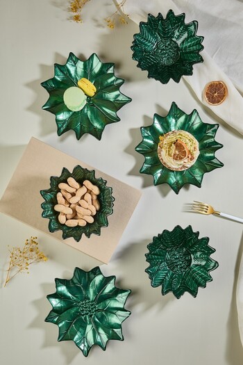 Lora Bianca Green Poinsettia Glass Plate & Bowl Set - 3 Plates - 3 Bowls