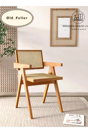 Old_Feller Antique Chandigarh chair with rattan seat/back, reddish brown. Perfect for dining or living room.