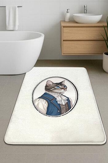 Chilai Home Modcat Ecru Single Embroidered Bath Mat, Non-Slip Base 60X100Cm
