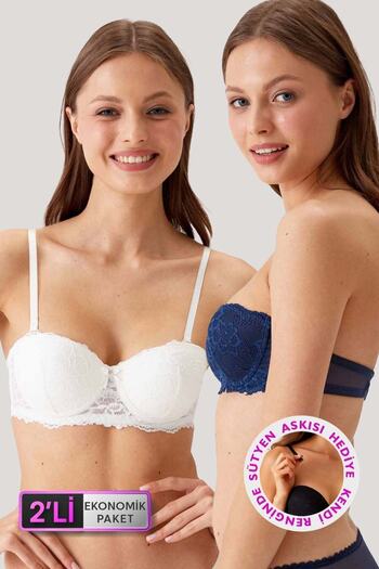 Pierre Cardin Economic Pack of 2 Ecru - Navy Blue 6203-2 Underwire Supported Strapless Lace Bra Set