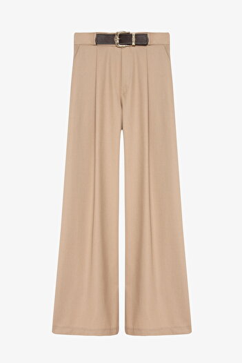 Quzu Belted Pleated High Waist Palazzo Pants Beige