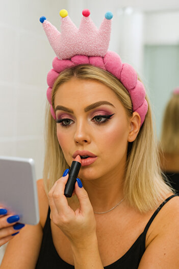 TAKIŞTIR Fuchsia Color King Crown Detailed Spa Hair Band Towel Crown