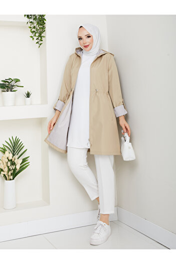 RACE FASHİON Striped Bondit Fabric Elastic Waist Hooded Waterproof Trench Coat Rc905010