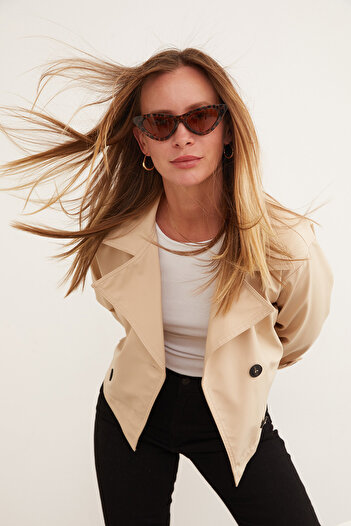 Fulla Moda Double Breasted Collar Buttoned Basic Trench Coat
