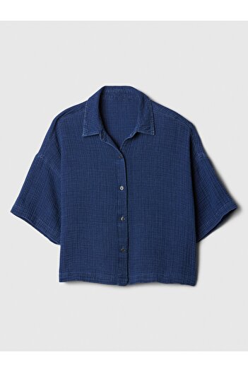 GAP Kadın Koyu Mavi Gauze Crop Bluz
