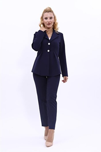 ÖNDER ÖZSOY Men's Collar Front Pleated Jacket & Slim Leg Trousers Set-Navy Blue