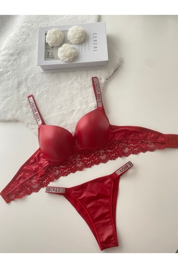 MAVEA Lacy Jewelled Padded Leather Bra Set