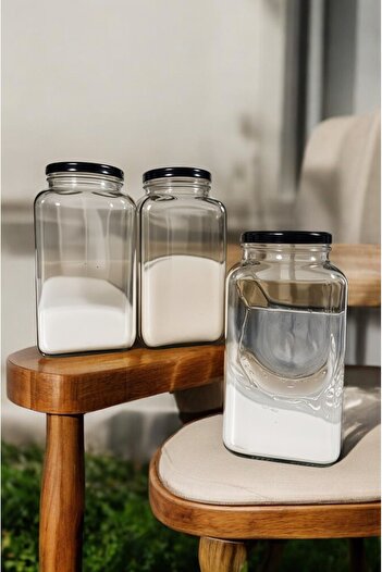 SİDERDESİNG 3-Piece Decorative Glass Kitchen and Flour Salt Sugar Organizer - 3000Cc Volume, Black Lid