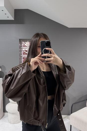 Jaglion Δερμάτινο μπουφάν Trend Oversize Bomber με ζώνη