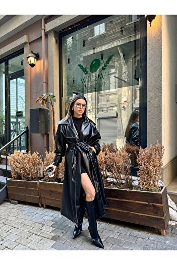 Flirtix Women's Black Leather Trench Coat