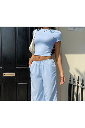 boutiquen Linich&Co Bisiklet Yaka Mavi Basic Esnek Crop
