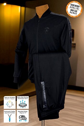 BESSA Men's Black Tracksuit Set Breathable Summer Fabric Straight Leg with Zipper Pockets Plus Size