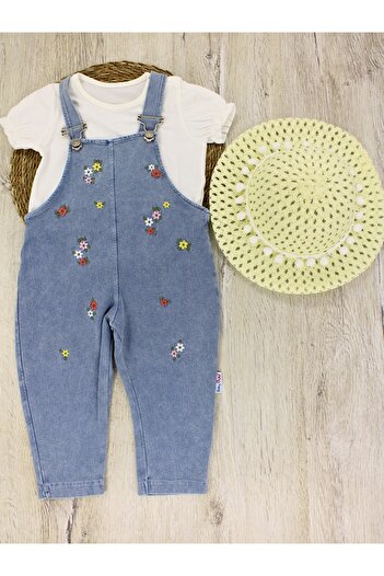 EYMİRGİYİM White Straw Hat, Floral Salopet Baby Girl Kids 3 Piece Set 6/9 Months, 9/12 Months, 12/18 Months, 18/24 Months