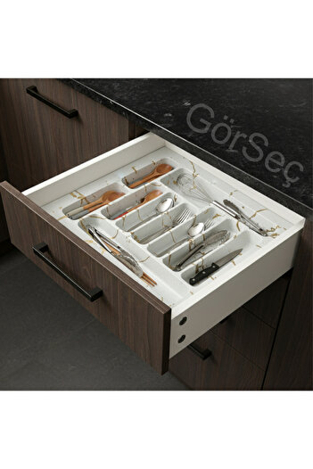 GörSeç Λευκό Organizer - 55 cm Μαχαιροπήρουνα, Κουτάλι και Σκληρό Πλαστικό που Μπορεί να Κοπεί, με Χρυσή Λεπτομέρεια