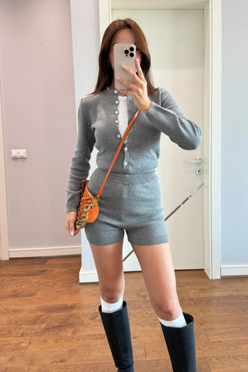 My Blog Gray Bodysuit Cardigan Shorts Knitwear Set - 25R0001