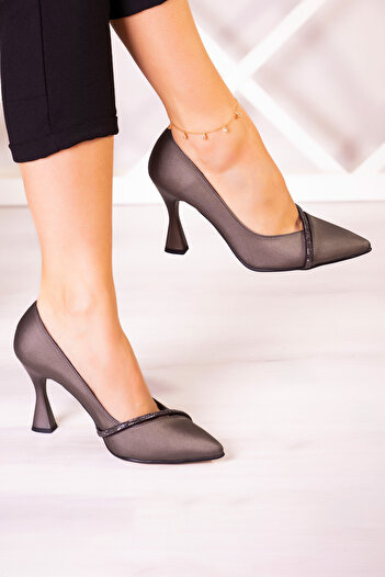 Erkan Saçmacı Roland Anthracite Satin Stone Pointed Toe Thin Goblet Heeled Evening Dress Shoes